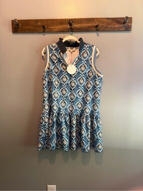 Umgee Navy, Blue and White Sleeveless Patterned Oversize Dress w/Ruffle  Collar